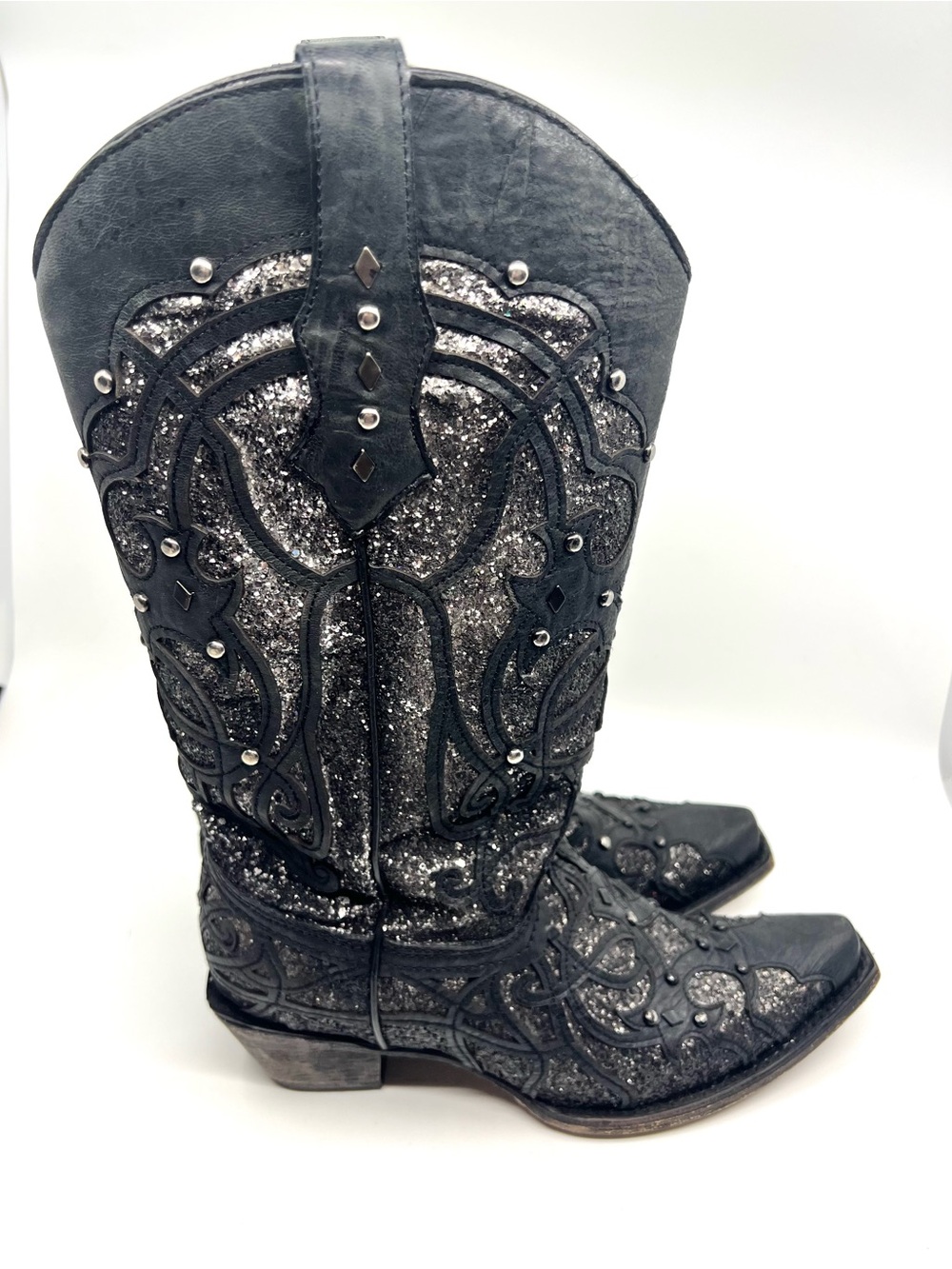 FLAWED Corral Ladies Black Leather Glitter Inlay and Studded Western Boots 8.5 M - Picture 2 of 16